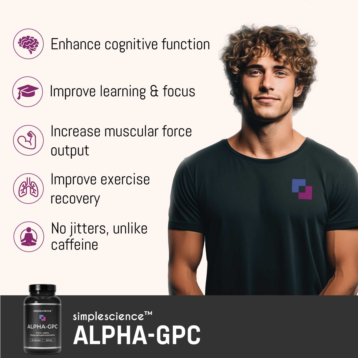 Pure Alpha-GPC 600mg bottle supplement lab tested choline nootropic for brain support, focus, memory, mood and energy, best supplement exercise recovery muscle force learning
