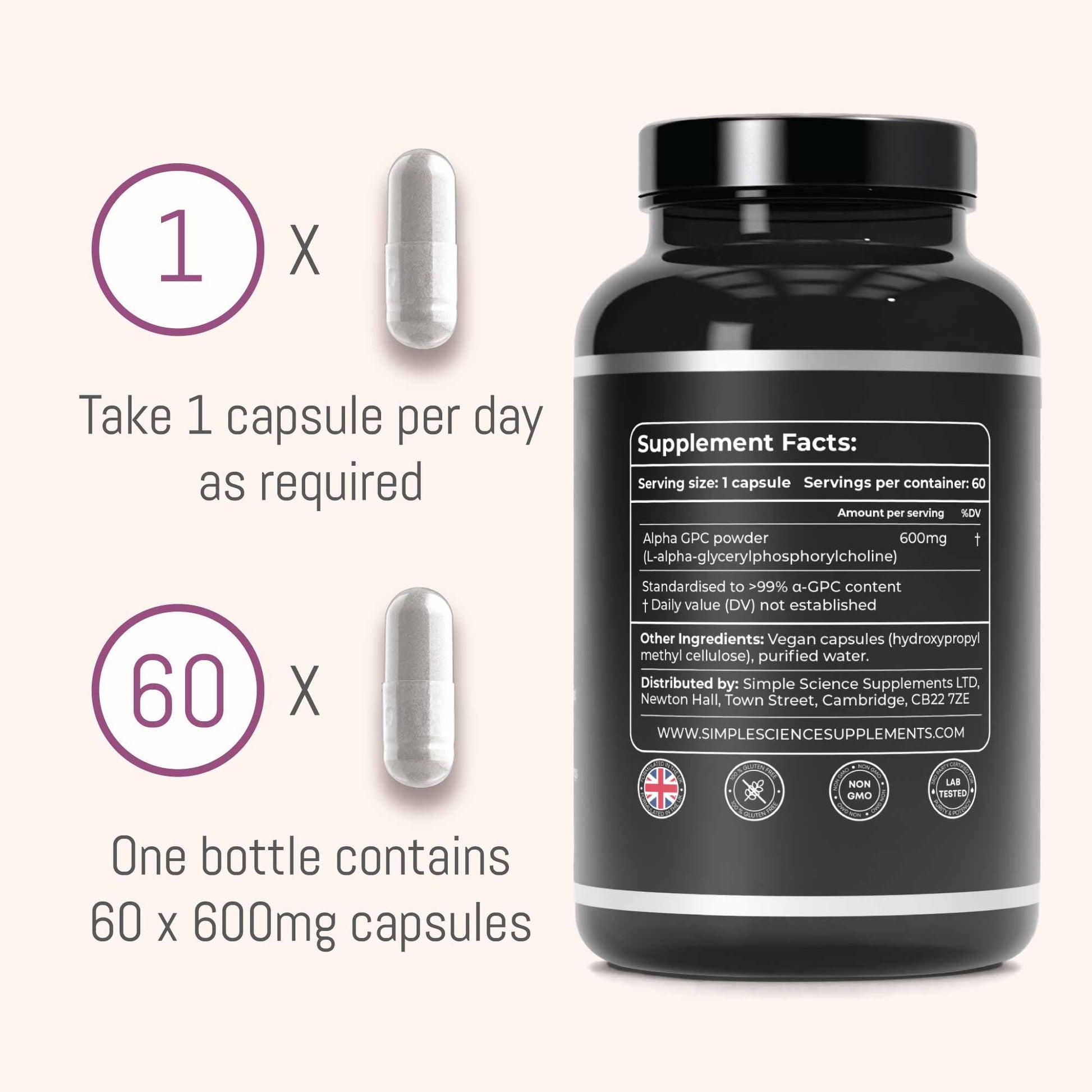 Best Pure 100% Alpha-GPC 600mg bottle supplement lab tested choline nootropic for brain support, focus, memory, mood and energy, best supplement exercise recovery muscle force learning optimal dosage
