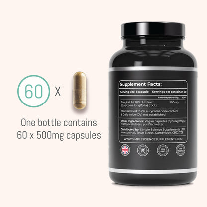 Tongkat Ali 500mg best supplement tongat tonkat booster eurycomanones Andrew Huberman stack muscle mass building simplescience 60 capsules athletic performance lower cortisol herbal