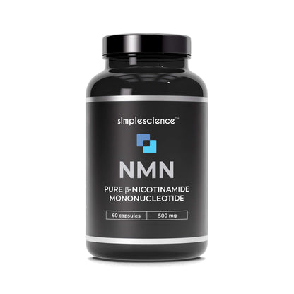 NMN 1000mg simplescience pure nicotinamide mononucleotide supplement bottle front David Sinclair product benefits include boosting NAD+, enhanced mental clarity and brain health, increased energy and metabolism, anti-ageing, improved aerobic capacity.