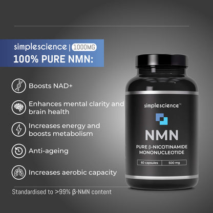 NMN 1000mg simplescience pure nicotinamide mononucleotide supplement bottle front David Sinclair product benefits include boosting NAD+, enhanced mental clarity and brain health, increased energy and metabolism, anti-ageing, improved aerobic capacity. Mental clarity NAD+ best supplements