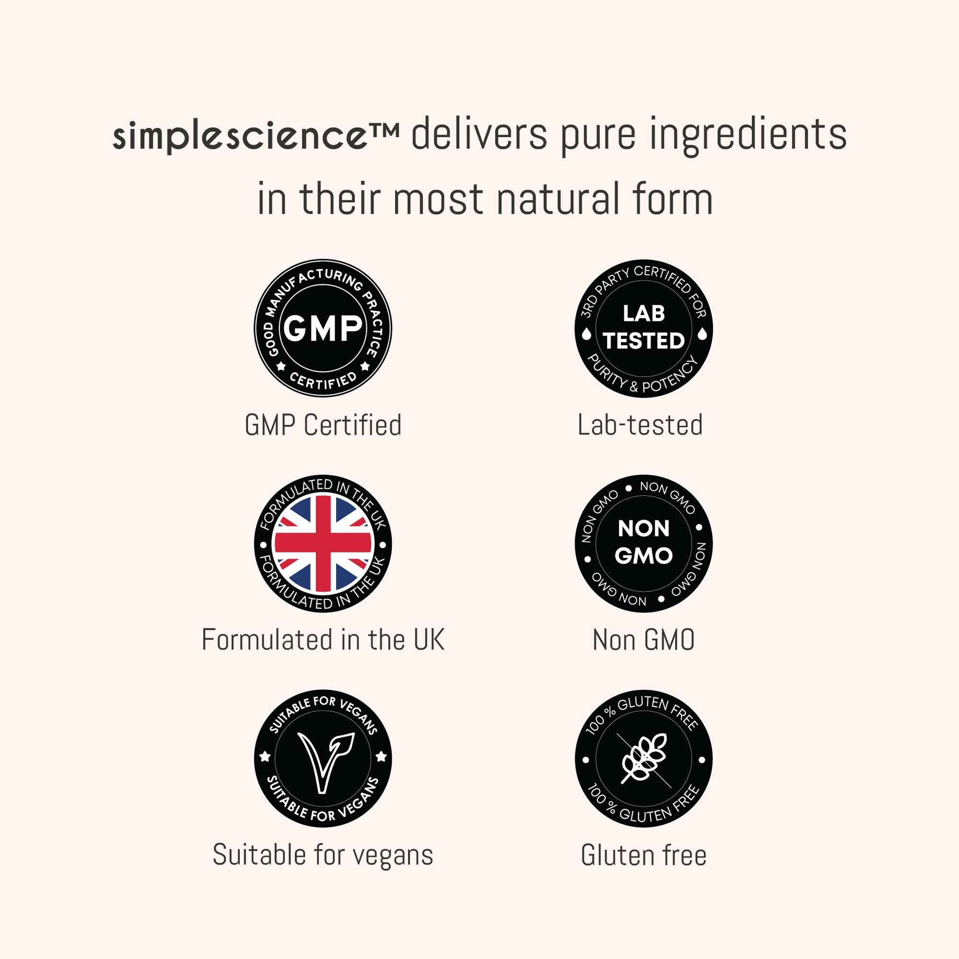 All simplescience products deliver ingredients in their natural form. Non-GMO, no preservatives or artificial colours, suitable for vegetarians and vegans. Dairy, soy, gluten, wheat and shellfish free.