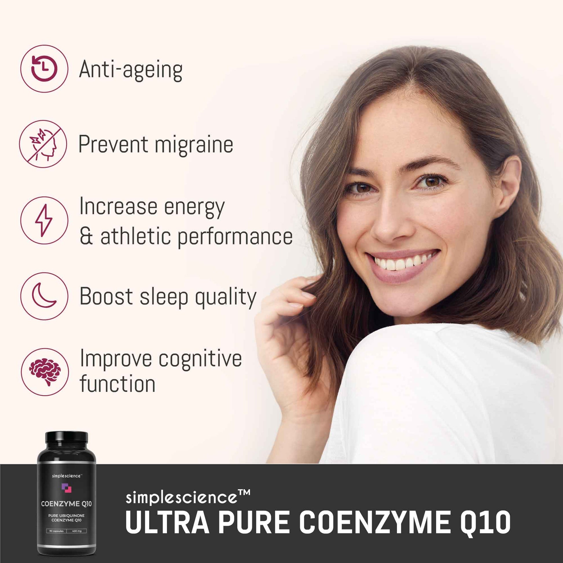 CoEnzyme Q10 CoQ10 pure ubiquinone coenzyme Q10 400mg 90 capsules migraine prevention anti-aging nootropic simplescience best supplement cognitive focus sleep quality